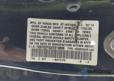 2014 Honda Civic Lx from USA, damaged, VIN 19XFB2F53EE019806